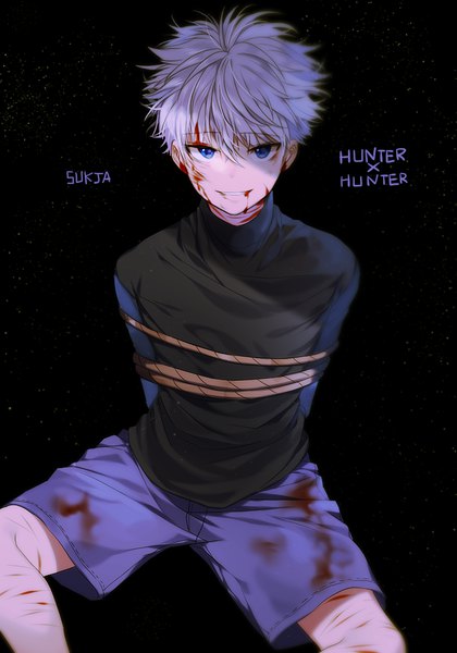 Anime picture 700x1000 with hunter x hunter killua zaoldyeck sorolp single tall image looking at viewer fringe short hair blue eyes simple background smile hair between eyes sitting signed silver hair copyright name black background hands behind back bondage blood on face
