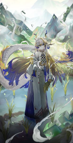 Anime picture 2480x4794 with arknights shu (arknights) toga (toganawa) single tall image looking at viewer fringe highres blue eyes blonde hair smile hair between eyes standing tail very long hair head tilt multicolored hair horn (horns) pointy ears dragon girl