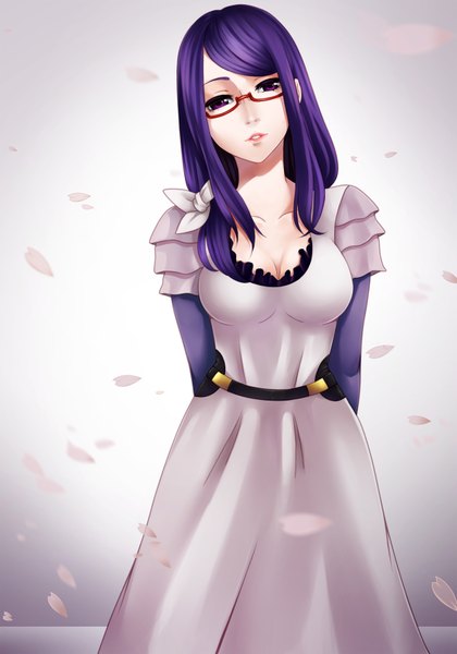 Anime picture 2400x3428 with tokyo ghoul studio pierrot kamishiro rize lchrno single long hair tall image looking at viewer highres breasts purple hair pink eyes lips girl dress glasses