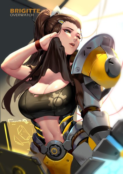 Anime picture 2480x3507 with overwatch blizzard entertainment brigitte (overwatch) cian yo single long hair tall image highres breasts open mouth light erotic brown hair large breasts standing brown eyes looking away cleavage ponytail one eye closed realistic