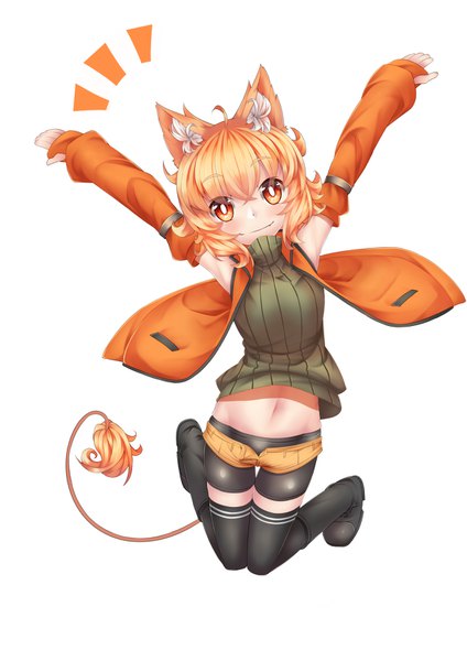 Anime picture 1157x1637 with original million (kzy090) kzy090 single tall image looking at viewer short hair blonde hair simple background smile white background animal ears full body ahoge tail animal tail arms up open jacket midriff orange eyes