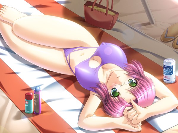 Anime picture 1600x1200 with calpis blush highres short hair breasts light erotic large breasts green eyes pink hair erect nipples beach covered nipples swimsuit bikini glasses can