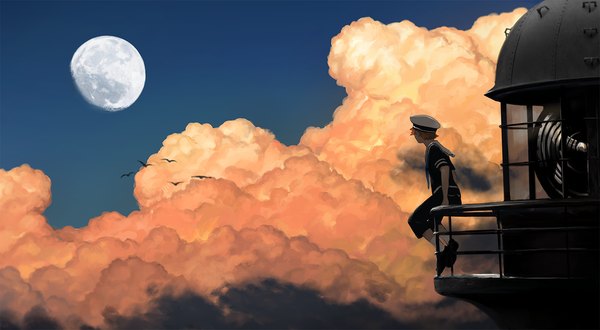 Anime picture 1500x827 with original mage (replica) single short hair wide image sitting looking away sky cloud (clouds) orange hair short sleeves flying boy animal socks shorts bird (birds) moon white socks full moon