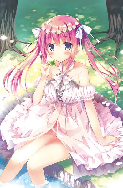 Anime picture 745x1136 with original hisama kumako single long hair tall image looking at viewer blush blue eyes light erotic purple hair arm support girl dress bow plant (plants) hair bow tree (trees)