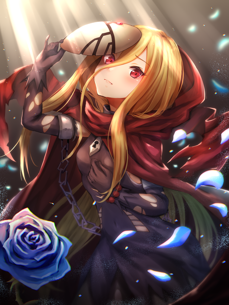 Anime picture 1200x1600 with overlord (maruyama) madhouse evileye (overlord) toki (toki ship8) single long hair tall image looking at viewer blush fringe breasts blonde hair hair between eyes red eyes standing holding payot head tilt sunlight fang (fangs)