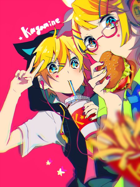 Anime picture 700x933 with vocaloid kagamine rin kagamine len makoji (yomogi) tall image looking at viewer fringe short hair blue eyes blonde hair simple background hair between eyes character names victory pink background eating siblings twins drinking animal hood