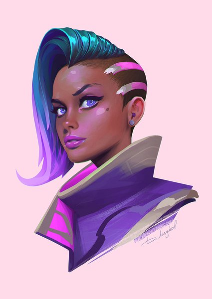 Anime picture 702x992 with overwatch blizzard entertainment sombra (overwatch) logunkov single tall image simple background purple eyes signed pink hair purple hair multicolored hair lips aqua hair mole mole under eye lipstick dark skin portrait pink background