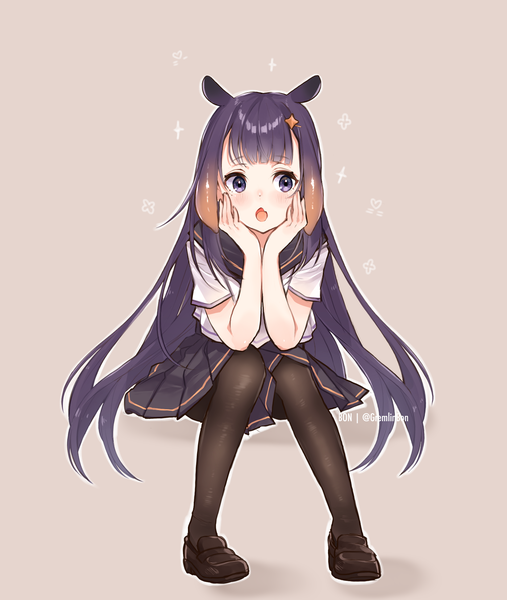 Anime picture 1643x1943 with virtual youtuber hololive hololive english ninomae ina'nis gremlinbon single long hair tall image fringe open mouth black hair simple background sitting purple eyes signed animal ears full body blunt bangs :o head rest