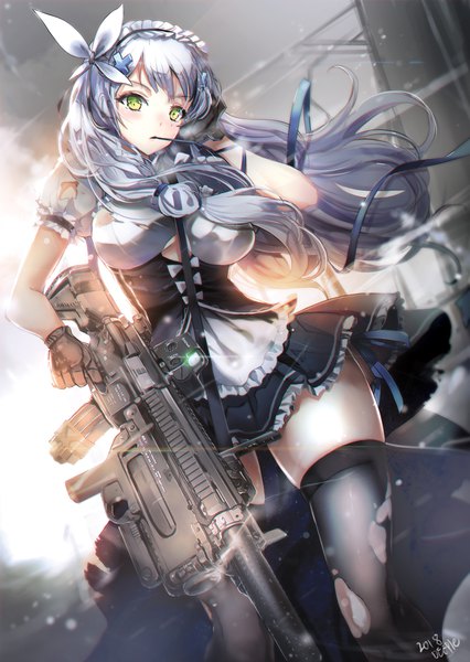 Anime picture 800x1126 with girls frontline hk416 (girls frontline) deeple single long hair tall image looking at viewer blush fringe breasts holding green eyes signed silver hair outdoors pleated skirt arm up wind short sleeves maid
