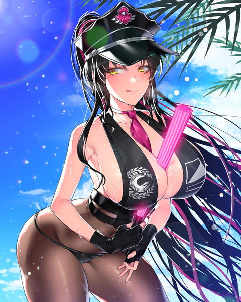 Anime picture 2000x2500 with fate (series) fate/grand order sesshouin kiara sesshouin kiara (swimsuit mooncancer) (fate) ia (ias1010) single long hair tall image blush fringe highres breasts light erotic black hair hair between eyes large breasts standing bare shoulders holding yellow eyes