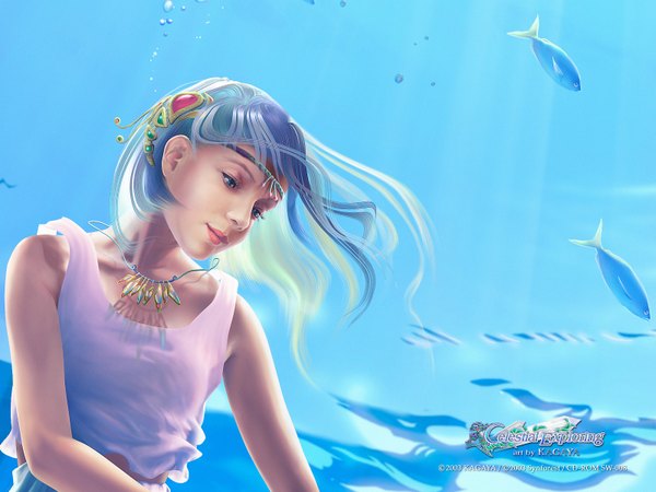 Anime picture 1600x1200 with kagaya single long hair blue hair realistic underwater 3d girl hair ornament jewelry fish (fishes)