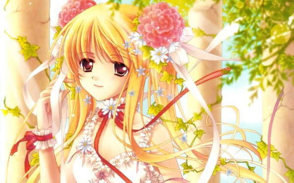 Anime picture 1280x800 with carnelian single long hair blonde hair wide image purple eyes twintails hair flower light smile wallpaper girl hair ornament ribbon (ribbons) plant (plants) hair ribbon