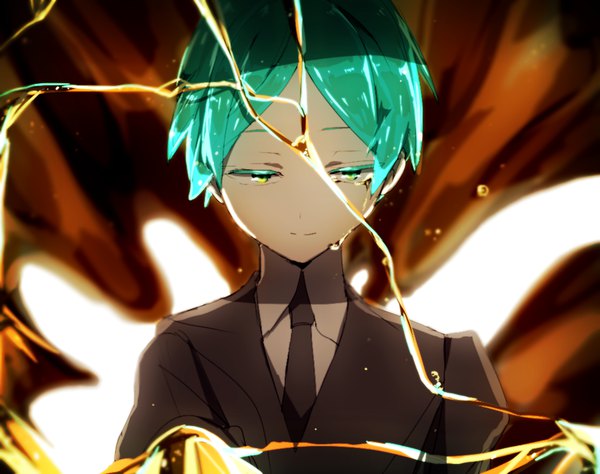 Anime picture 900x711 with houseki no kuni phosphophyllite hiiragi fuyuki single looking at viewer short hair green eyes upper body light smile aqua hair tears crying androgynous uniform necktie gold