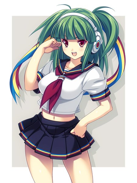 Anime picture 600x800 with beatmania beatmania iidx hishimiya tsugaru kinoshita ichi single tall image looking at viewer short hair open mouth red eyes green hair two side up girl skirt uniform ribbon (ribbons) hair ribbon miniskirt serafuku headphones