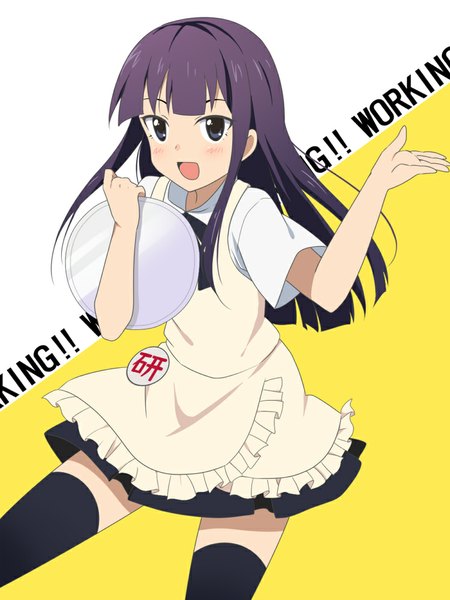 Anime picture 750x1000 with working!! a-1 pictures yamada aoi kyu (sawsusg) single long hair tall image looking at viewer blush open mouth purple eyes purple hair copyright name girl thighhighs skirt black thighhighs apron tray