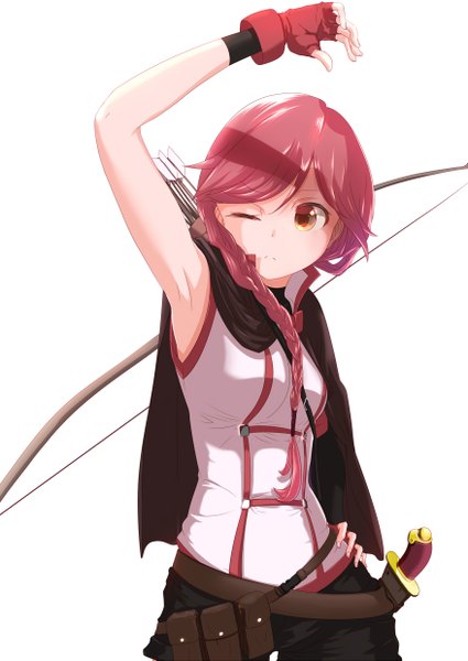 Anime picture 877x1239 with hai to gensou no grimgar a-1 pictures yume (grimgar) single long hair tall image simple background red eyes white background red hair braid (braids) one eye closed wink girl gloves weapon fingerless gloves bow (weapon)