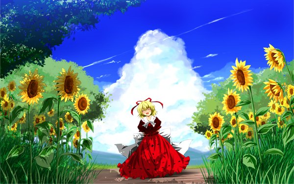 Anime picture 1920x1200 with touhou medicine melancholy nekominase single highres short hair open mouth blonde hair smile wide image sky cloud (clouds) eyes closed sunlight happy hands behind back field girl skirt flower (flowers)