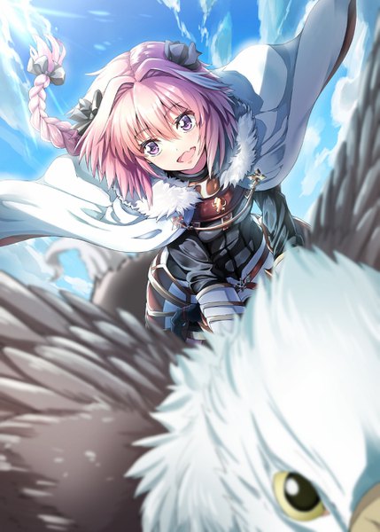 Anime picture 915x1280 with fate (series) fate/apocrypha astolfo (fate) rusk (canvas4ban) single long hair tall image blush fringe open mouth smile hair between eyes sitting purple eyes payot looking away sky cloud (clouds) outdoors braid (braids)