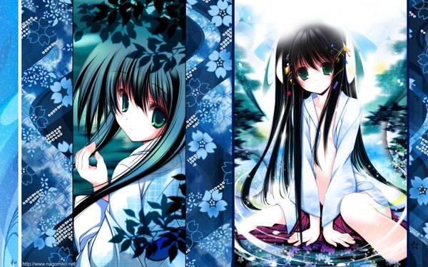 Anime picture 1500x938 with nagomi long hair light erotic black hair wide image sitting multiple girls green eyes blue hair japanese clothes open clothes spread legs open shirt girl hair ornament flower (flowers) bow 2 girls hair bow water