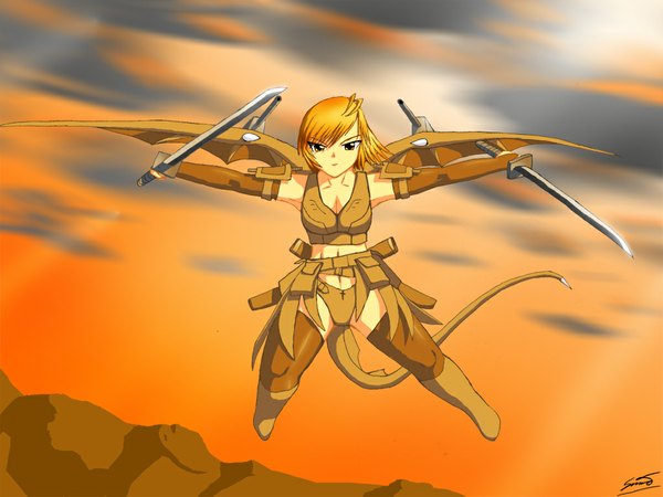 Anime picture 1024x768 with tail sword wings gun tagme