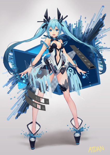 Anime picture 849x1200 with vocaloid hatsune miku atdan single long hair tall image looking at viewer breasts open mouth light erotic twintails aqua eyes aqua hair girl hair ornament