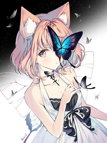 Anime picture 700x938 with forever 7th capital yumi (forever 7th capital) rarumi single tall image looking at viewer short hair brown eyes signed animal ears pink hair tattoo sleeveless insect wings butterfly wings butterfly on hand girl dress wings white dress