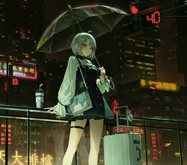 Anime picture 6830x6000 with original xzu single looking at viewer fringe highres short hair standing holding yellow eyes absurdres silver hair ahoge long sleeves parted lips night city rain cityscape transparent umbrella