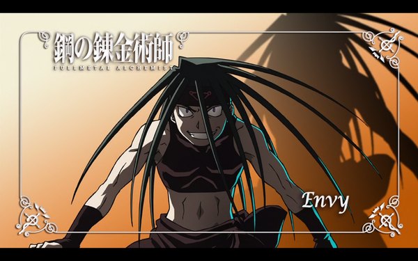 Anime picture 1280x800 with fullmetal alchemist studio bones envy single long hair black hair wide image shadow crazy smile boy navel