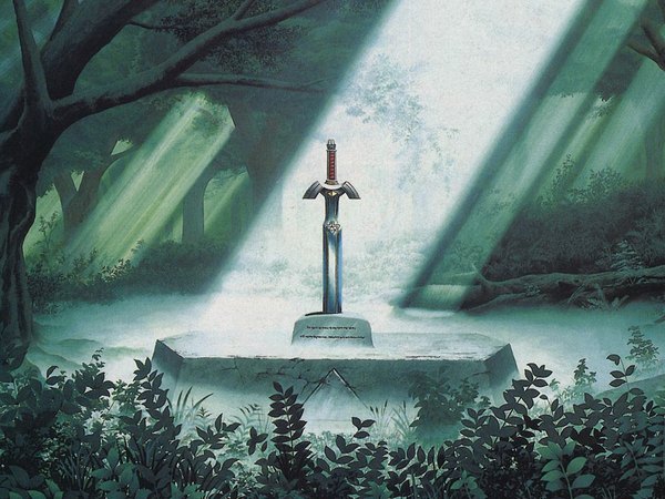 Anime picture 1024x768 with the legend of zelda light no people weapon plant (plants) sword tree (trees) forest master sword