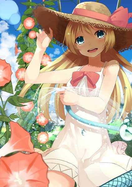 Anime picture 1488x2105 with original kagamine09 single long hair tall image looking at viewer blush fringe open mouth blue eyes blonde hair bare shoulders sky cloud (clouds) sunlight happy girl dress flower (flowers) bow