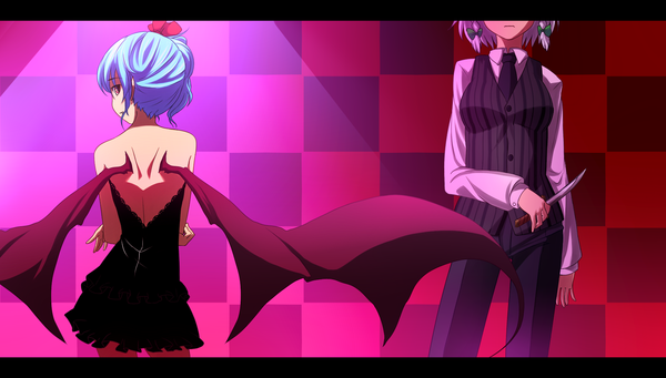 Anime picture 1800x1024 with touhou remilia scarlet izayoi sakuya highres short hair red eyes wide image blue hair white hair pointy ears side ponytail vampire checkered background girl weapon wings necktie