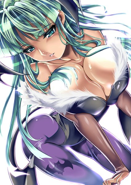 Anime picture 709x1000 with vampire / darkstalkers (game) capcom morrigan aensland saburou (hgmg) single long hair tall image breasts light erotic simple background large breasts white background bare shoulders green eyes green hair bat wings head wings girl wings