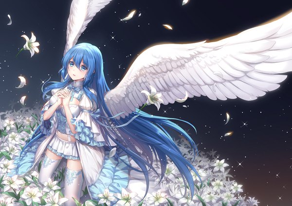 Anime picture 1414x1000 with original moyu single blush fringe breasts blue eyes hair between eyes blue hair looking away very long hair parted lips pleated skirt zettai ryouiki kneeling dark background angel wings hands clasped white wings interlocked fingers