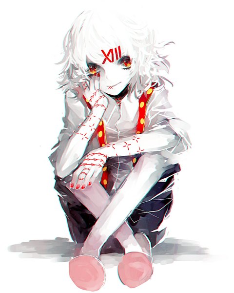 Anime picture 800x1000 with tokyo ghoul studio pierrot suzuya juuzou mybloodynails single tall image looking at viewer short hair simple background red eyes white background sitting yellow eyes bent knee (knees) white hair nail polish shadow wavy hair hand on head polka dot