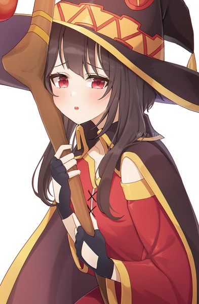 Anime picture 1500x2291 with kono subarashii sekai ni shukufuku wo! studio deen megumin gya (144) single long hair tall image looking at viewer fringe open mouth simple background red eyes brown hair white background holding signed upper body long sleeves wide sleeves :o