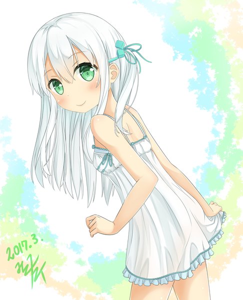Anime picture 1500x1850 with original miko fly single long hair tall image looking at viewer blush fringe breasts simple background smile hair between eyes green eyes signed white hair leaning leaning forward sleeveless dated girl