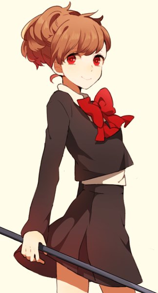 Anime picture 562x1040 with persona 3 persona female protagonist (p3) biskekun single tall image looking at viewer fringe short hair simple background smile red eyes brown hair ponytail yellow background girl uniform school uniform