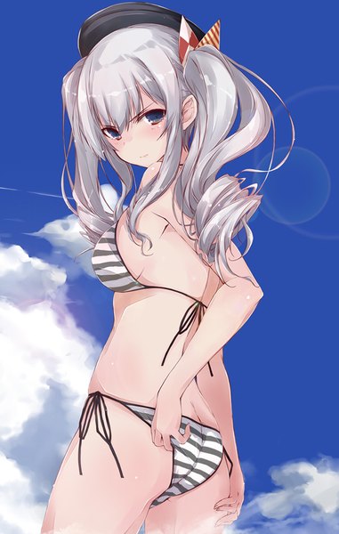 Anime picture 600x945 with kantai collection kashima training cruiser yumesato makura single long hair tall image looking at viewer fringe breasts light erotic hair between eyes twintails payot sky silver hair cloud (clouds) ass looking back black eyes sideboob