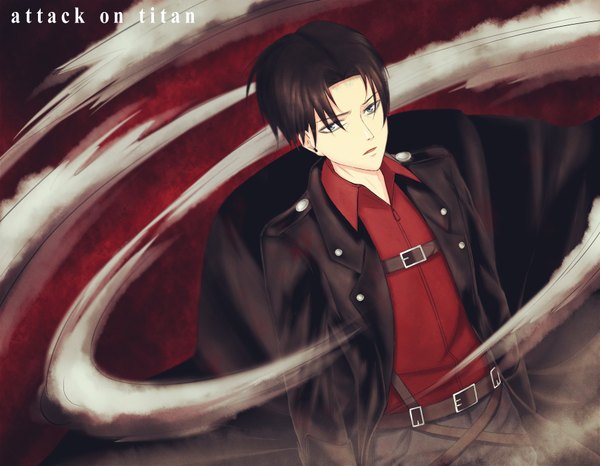 Anime picture 1800x1400 with shingeki no kyojin production i.g levi (rivaille) single looking at viewer highres short hair open mouth black hair black eyes inscription open clothes open jacket boy jacket