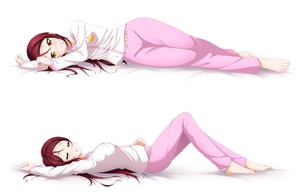 Anime picture 1200x770 with love live! sunshine!! sunrise (studio) love live! sakurauchi riko yu-ta long hair looking at viewer blush simple background hair between eyes white background yellow eyes full body red hair lying eyes closed barefoot on back on side multiview