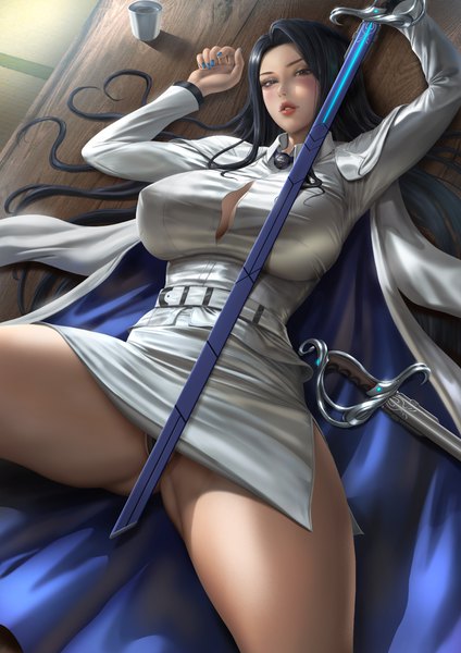 Anime picture 5303x7500 with last origin invincible dragon (last origin) lexaiduer single long hair tall image looking at viewer blush fringe highres breasts blue eyes light erotic black hair absurdres lying nail polish parted lips fingernails from above