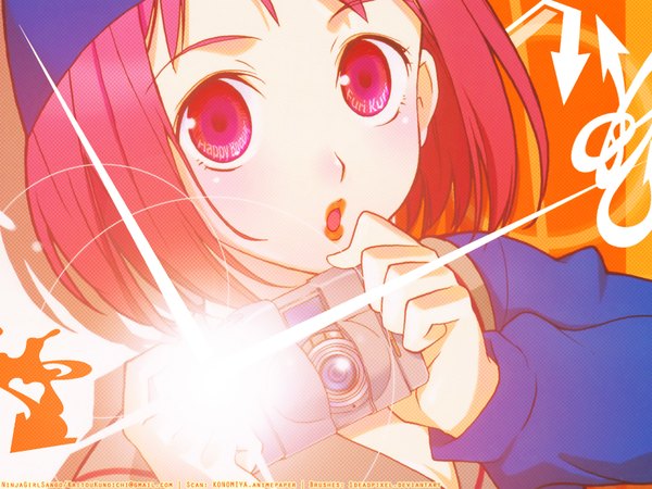 Anime picture 1600x1200 with flcl gainax samejima mamimi pink hair happy birthday camera