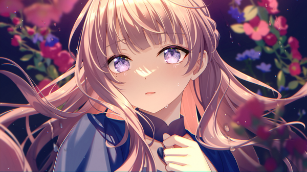 Anime picture 6150x3450 with original bshi edayo single long hair looking at viewer fringe highres brown hair wide image purple eyes absurdres upper body blunt bangs parted lips blurry mole mole under eye tears face floral background