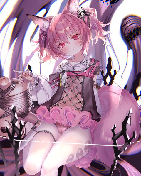 Anime picture 2400x3000 with arknights shamare (arknights) morte (arknights) pottsness single tall image looking at viewer blush fringe highres short hair light erotic hair between eyes twintails signed animal ears payot pink hair tail nail polish