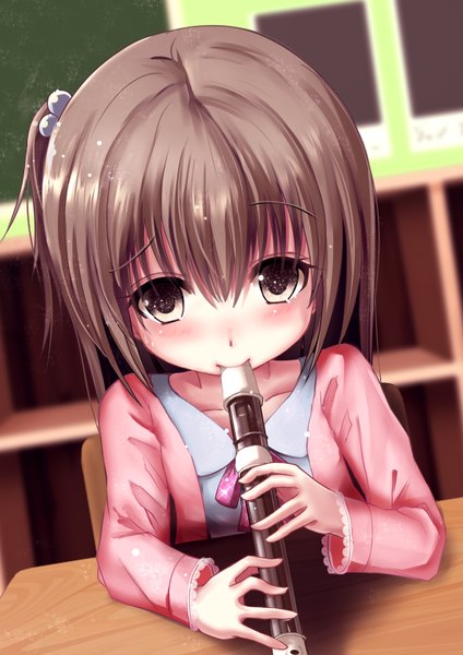 Anime picture 1104x1562 with original missle228 single tall image looking at viewer blush short hair brown hair sitting holding brown eyes ponytail open clothes loli embarrassed mouth hold side ponytail classroom girl hair ornament