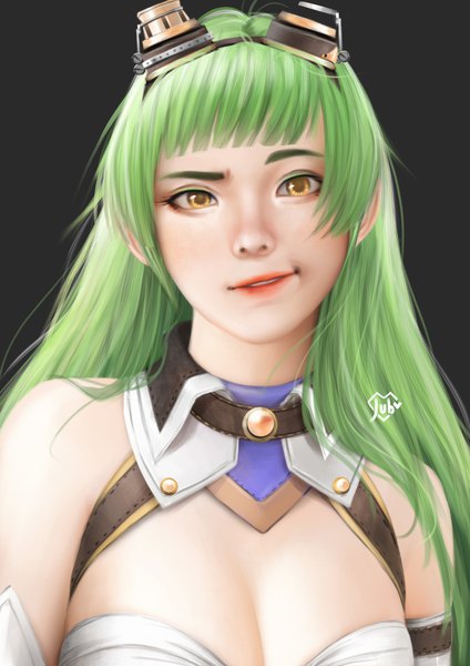 Anime picture 1920x2716 with original rynn (acerailgun) jubi (regiana) single long hair tall image looking at viewer fringe highres breasts smile signed yellow eyes parted lips green hair realistic grey background lipstick grin dark background