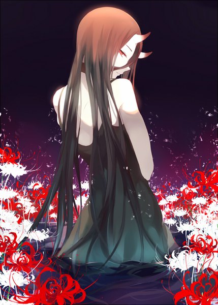 Anime picture 600x839 with kantai collection battleship-symbiotic hime ping (0723) single long hair tall image looking at viewer black hair red eyes brown hair bare shoulders profile looking back multicolored hair horn (horns) partially submerged dark background gradient hair bare back white skin
