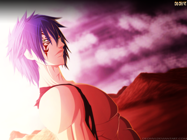Anime picture 6224x4670 with fairy tail jellal fernandes deohvi single highres short hair yellow eyes absurdres sky purple hair cloud (clouds) sunlight coloring mountain muscle face paint boy