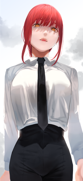 Anime picture 654x1426 with chainsaw man mappa makima (chainsaw man) nekoshoko single long hair tall image looking at viewer payot red hair from below orange eyes shaded face girl shirt necktie white shirt
