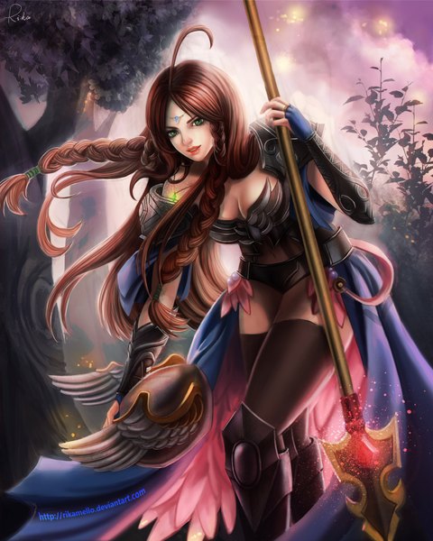 Anime picture 3080x3850 with original rikamello single long hair tall image highres breasts brown hair standing holding green eyes absurdres braid (braids) lips realistic twin braids glow girl thighhighs navel